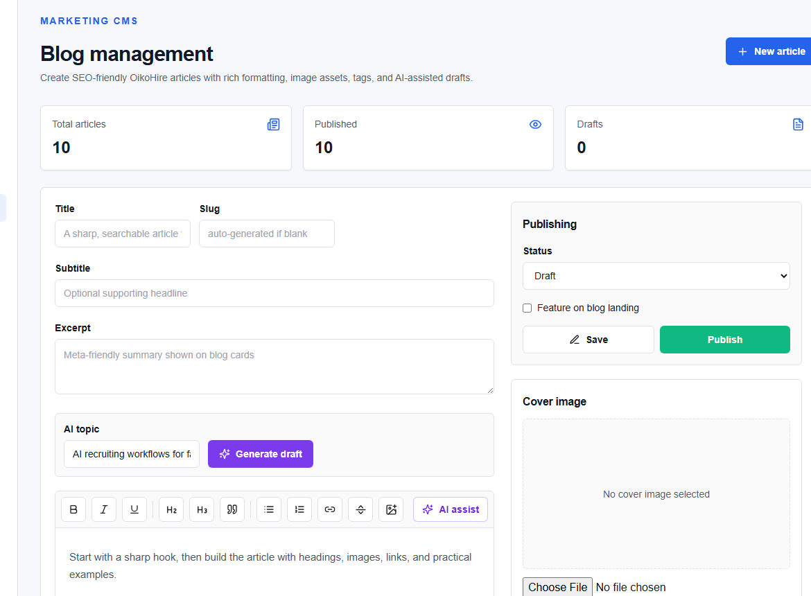 Admin Blog management with article library and editor
