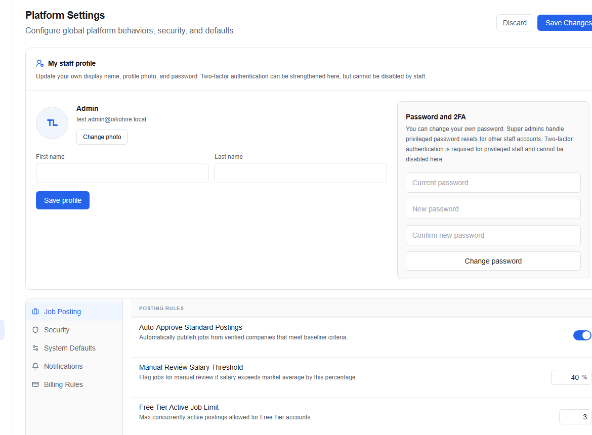 Admin Settings page