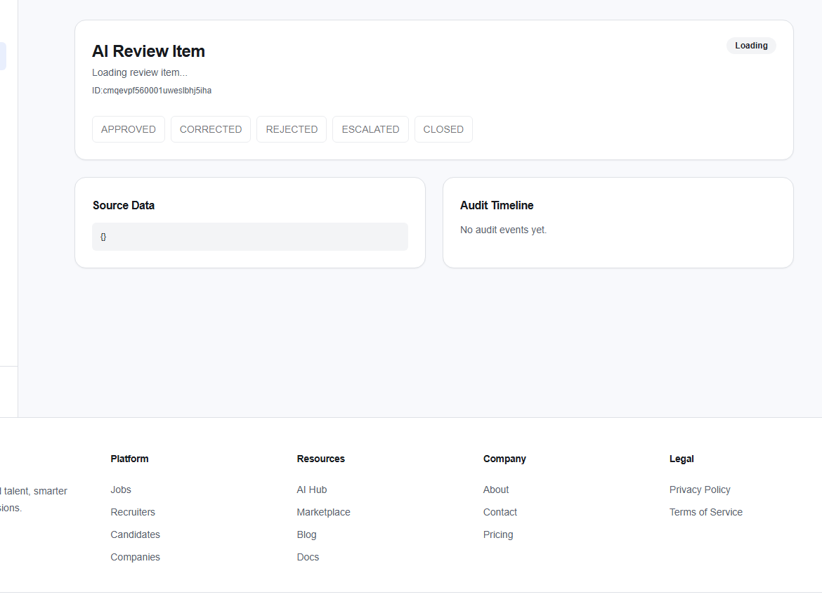 AI review item detail with source data and audit timeline