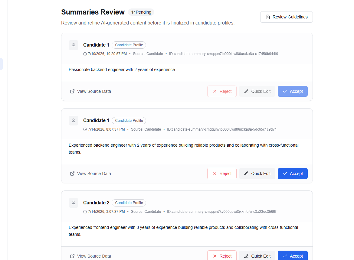 AI summaries review queue and actions