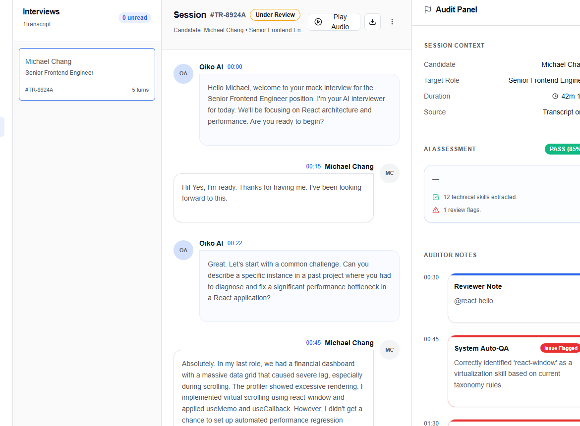 AI interview transcript audit workspace