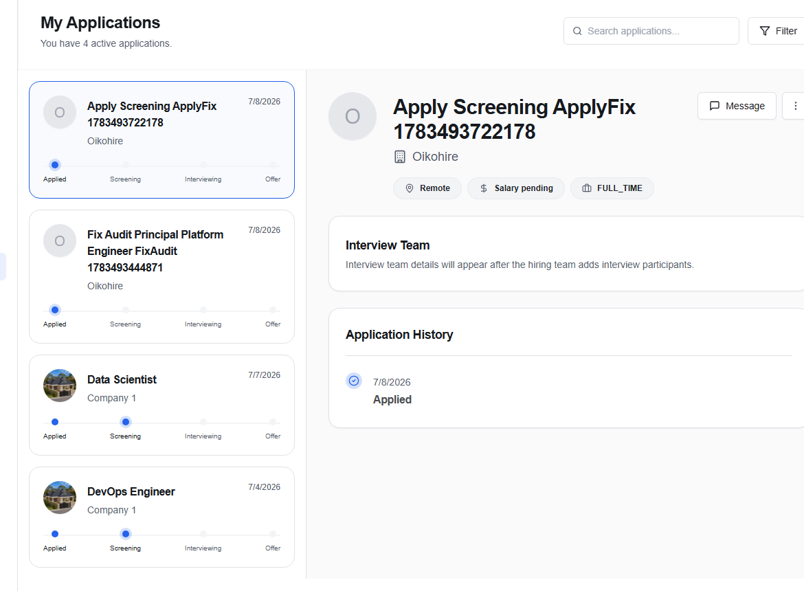 Candidate application list and selected application detail
