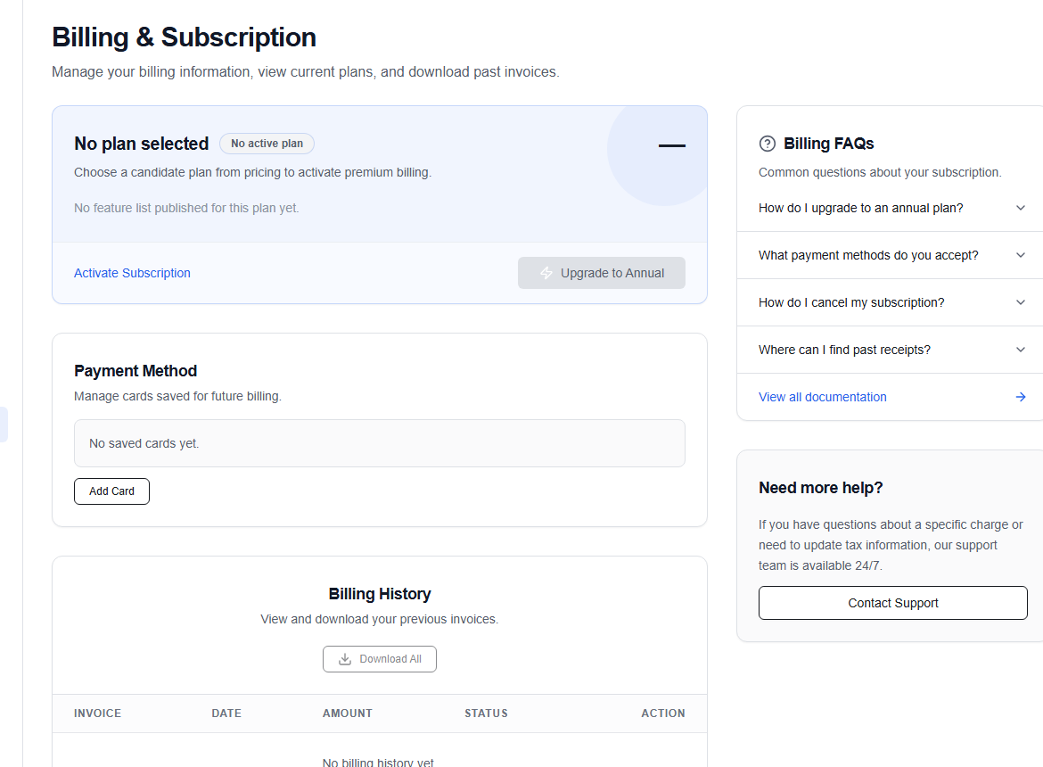 Candidate billing and subscription settings