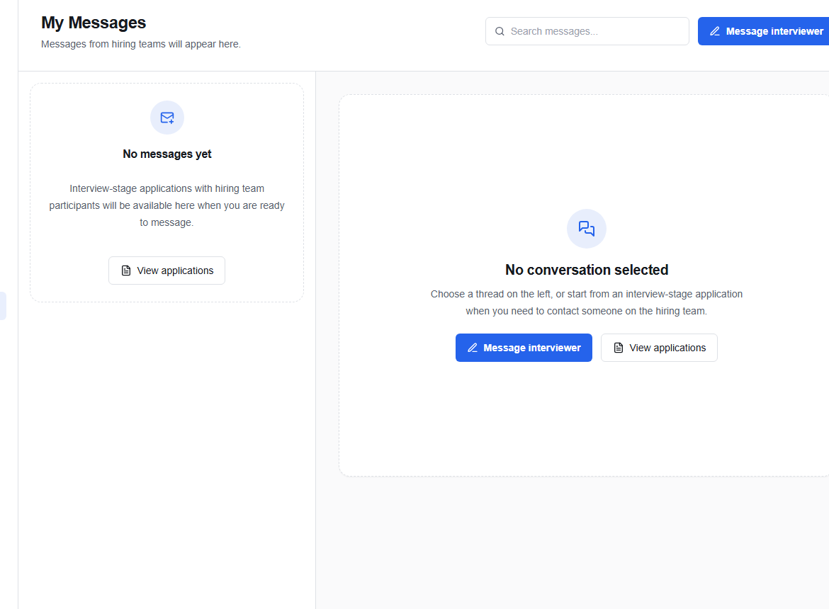 Candidate messaging workspace with conversation list and reply composer
