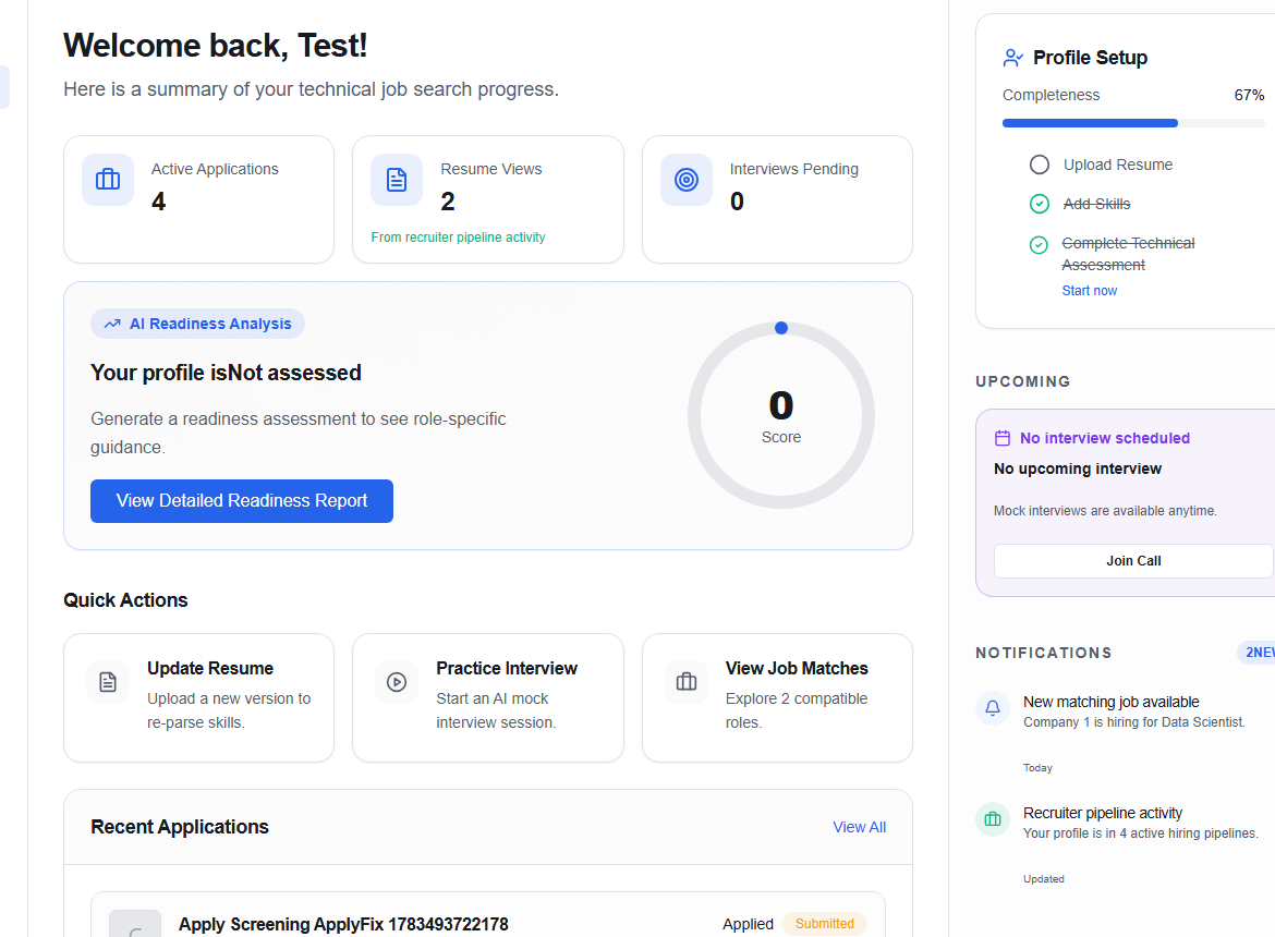 Candidate dashboard with quick actions, recommended matches, profile setup, and notifications