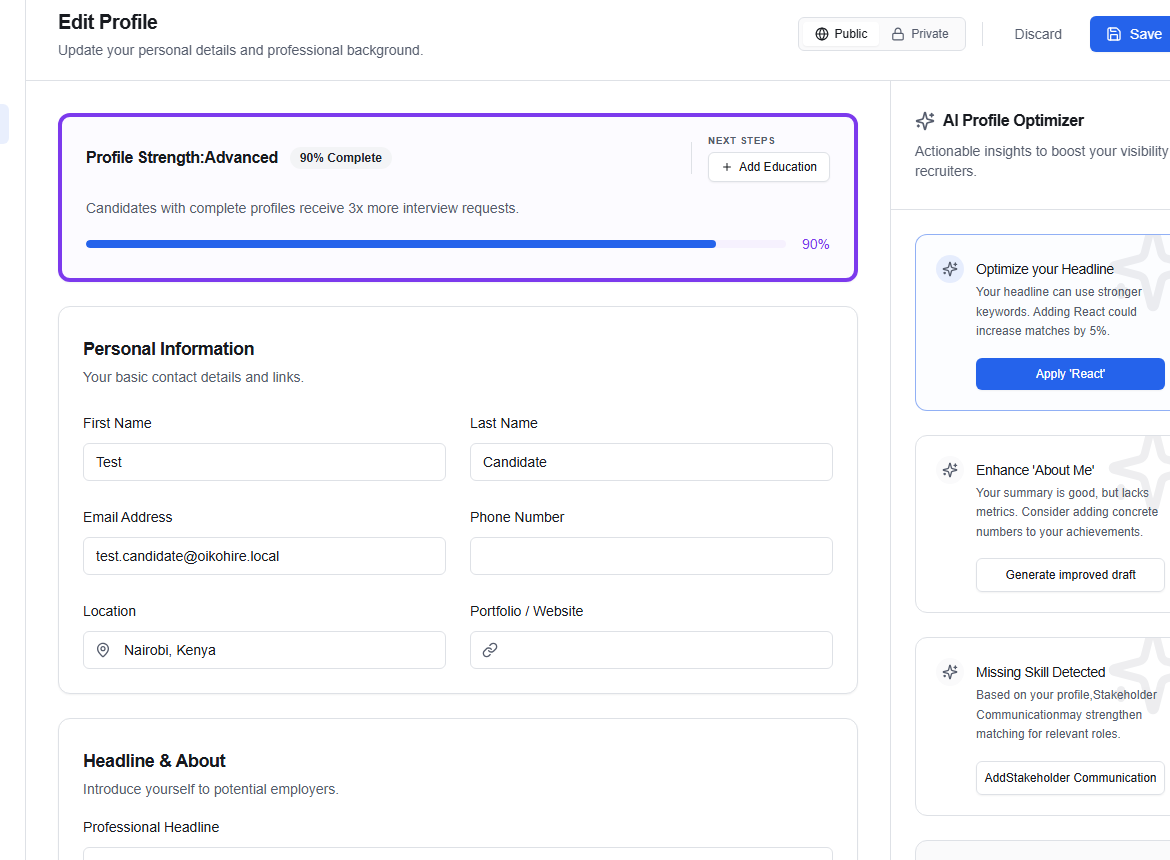 Candidate profile editor with strength, visibility, skills, experience, and optimizer suggestions