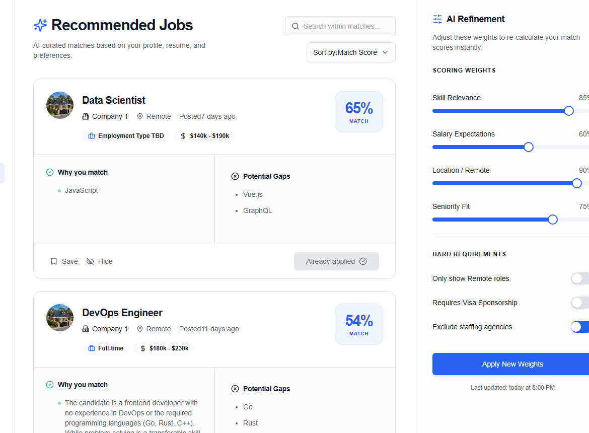 Recommended jobs with match explanations, filters, and scoring weights