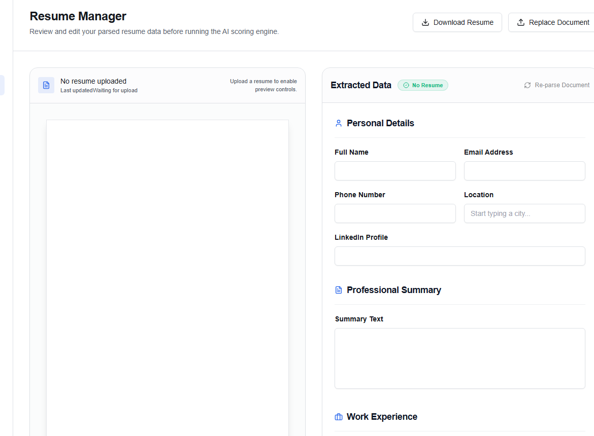 Resume Manager showing extracted candidate data and resume actions