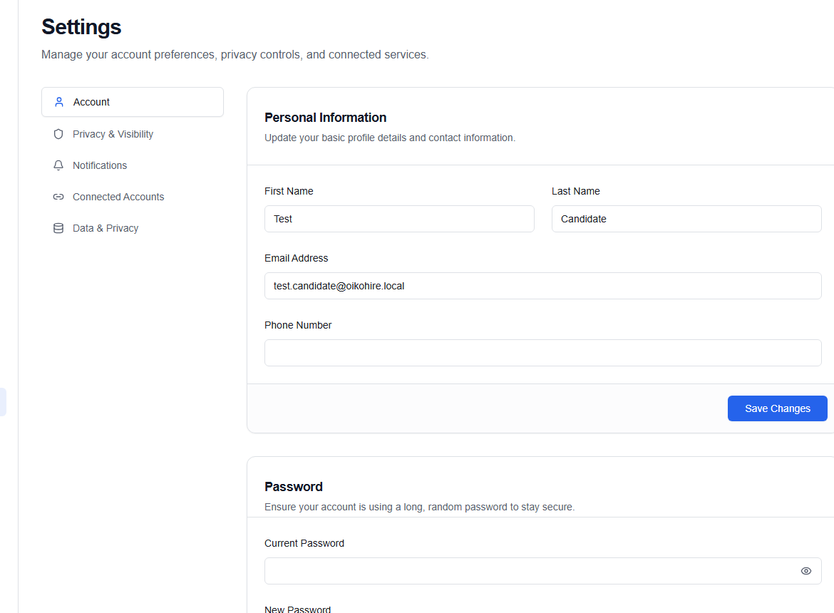 Candidate settings with personal information and security controls