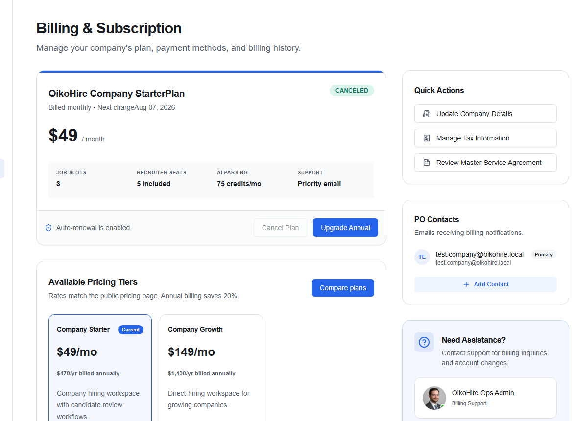 Company Billing and subscription page