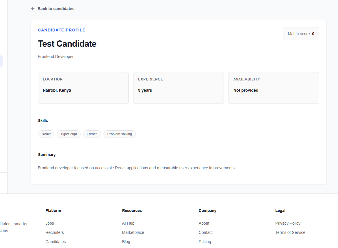 Company candidate detail with summary and skills