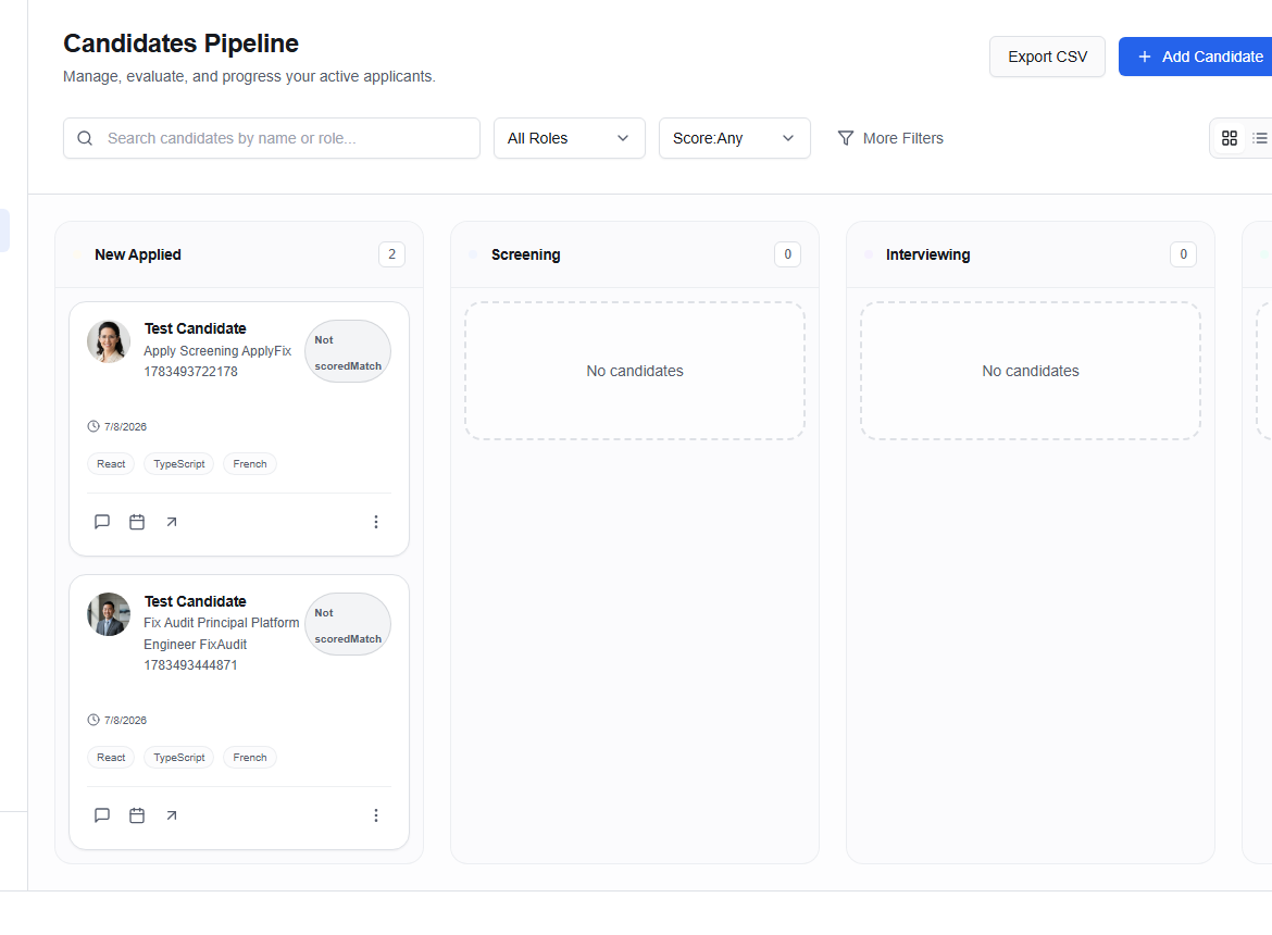 Company Candidates Pipeline with search and stage columns