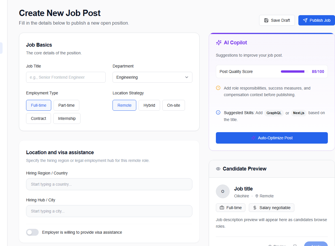 Company Create New Job form