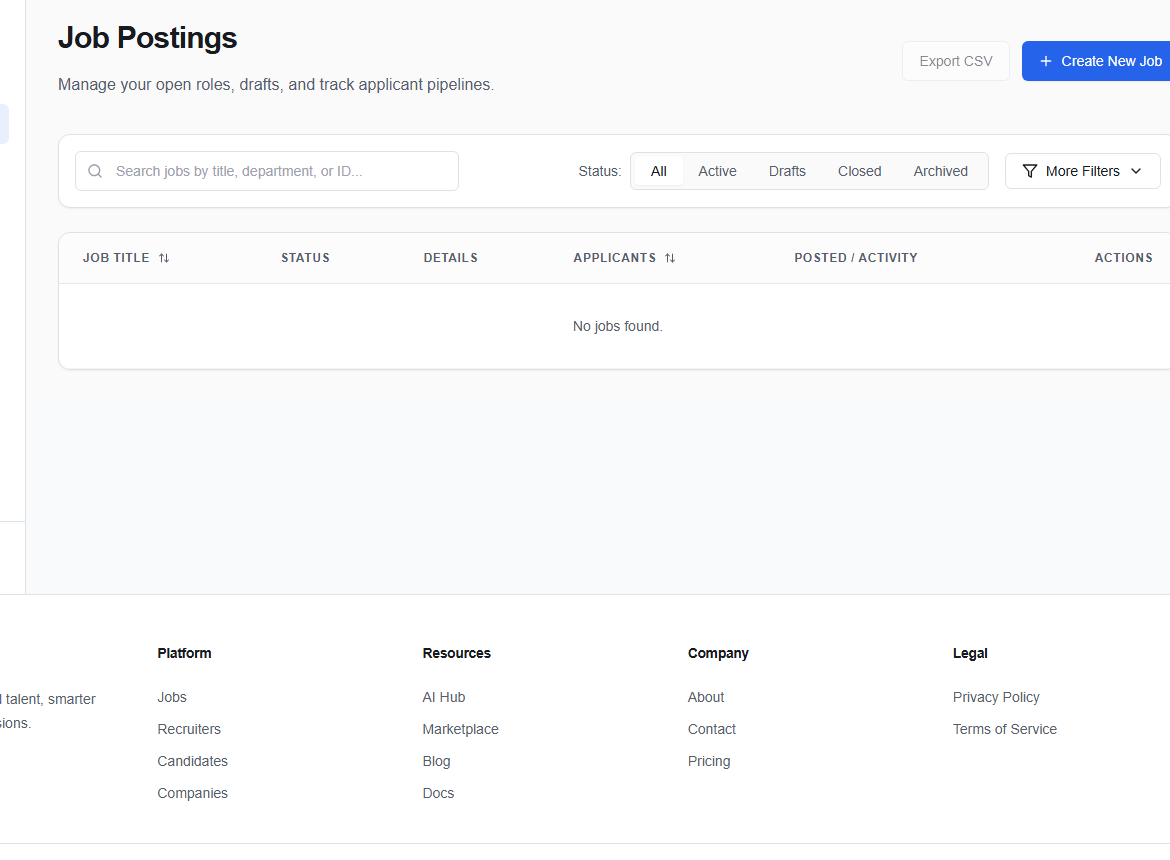 Company job postings with status filters and search