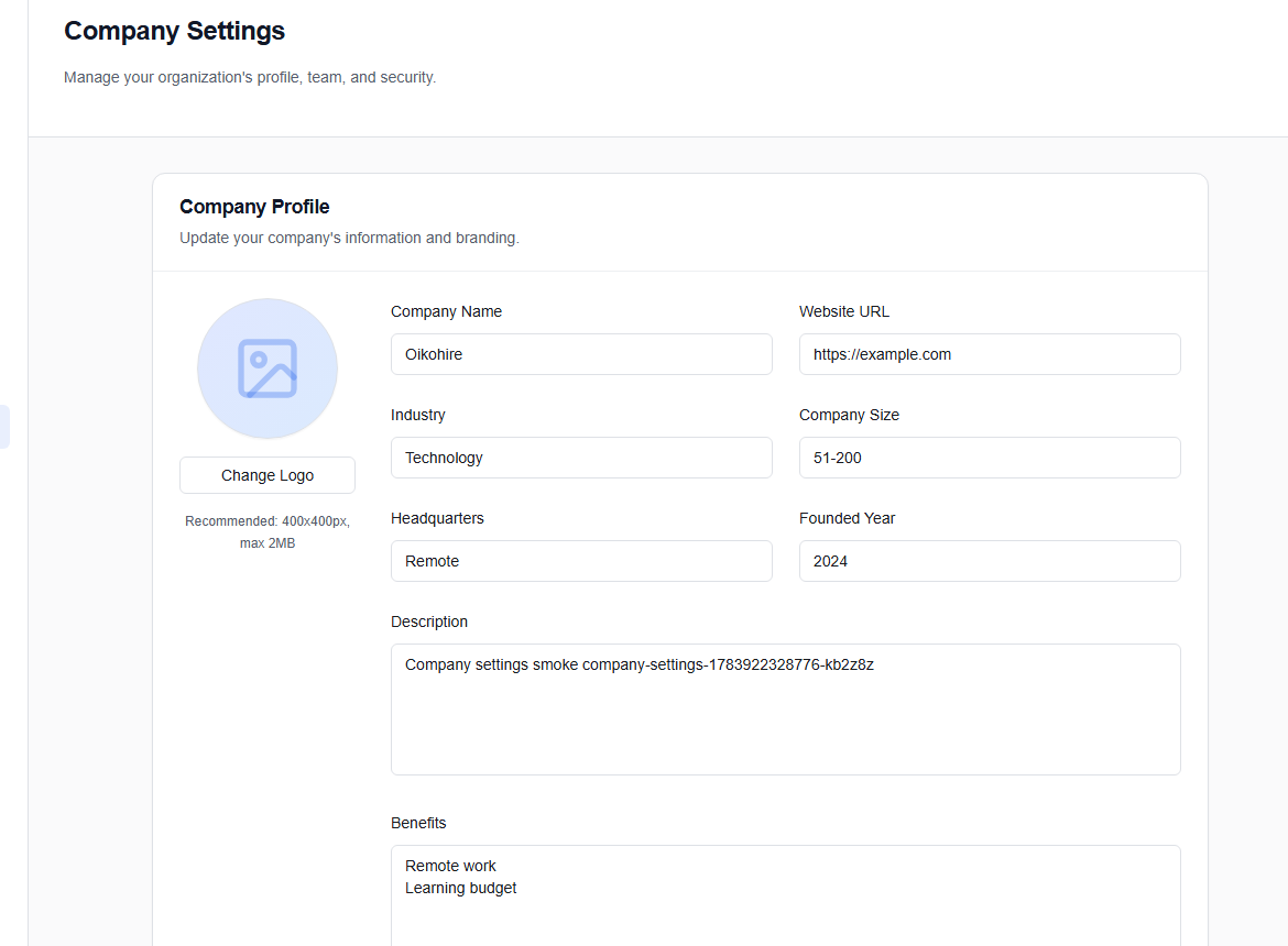 Company Settings with profile, team, API keys, webhooks, integrations, and security