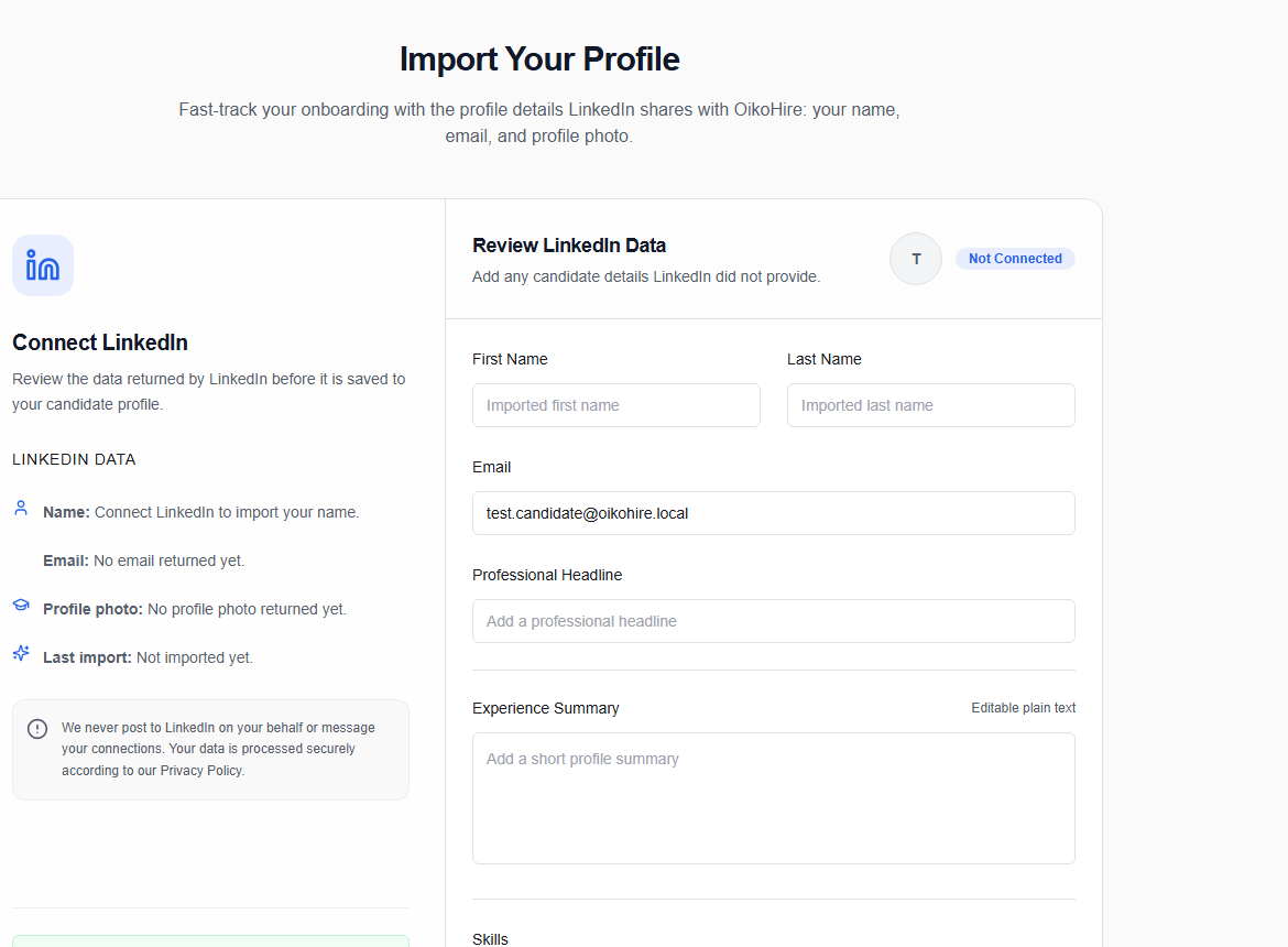 LinkedIn profile import review in candidate onboarding
