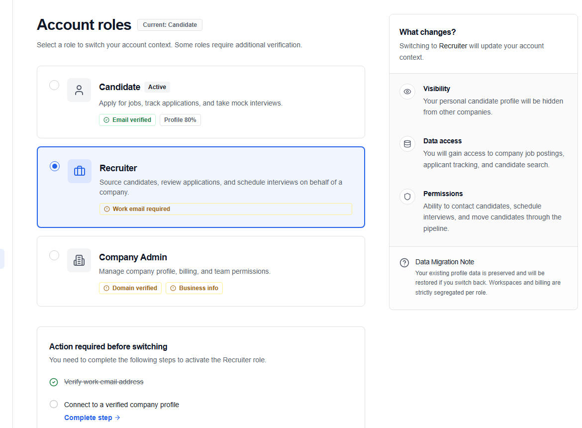 Account roles and role-specific verification requirements