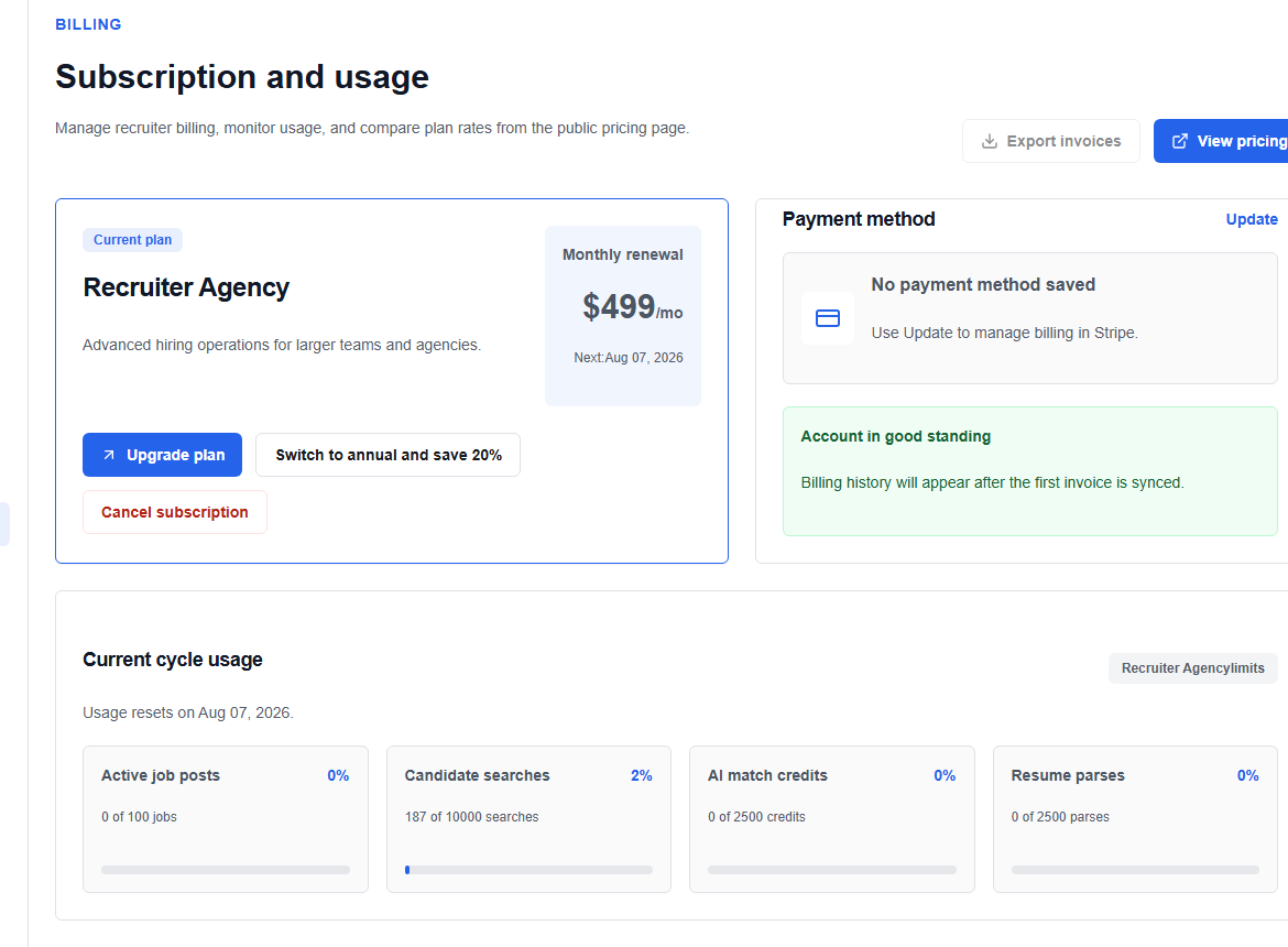 Recruiter subscription and usage page