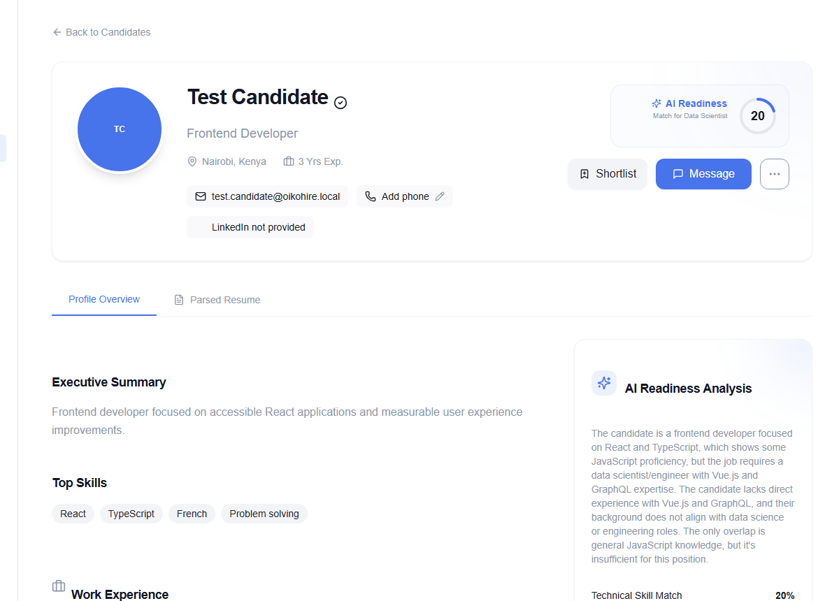 Recruiter candidate detail with summary, skills, experience, and internal notes