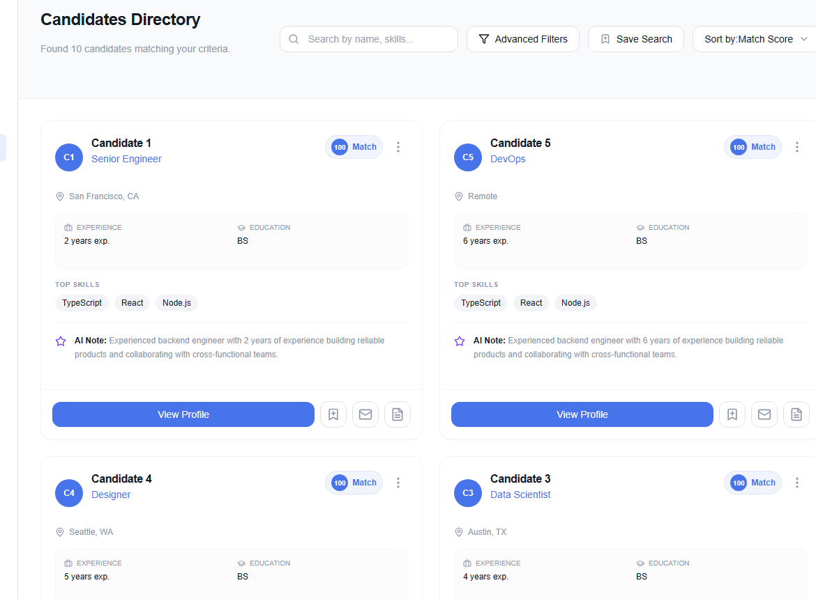 Recruiter Candidates Directory with filters and match sorting