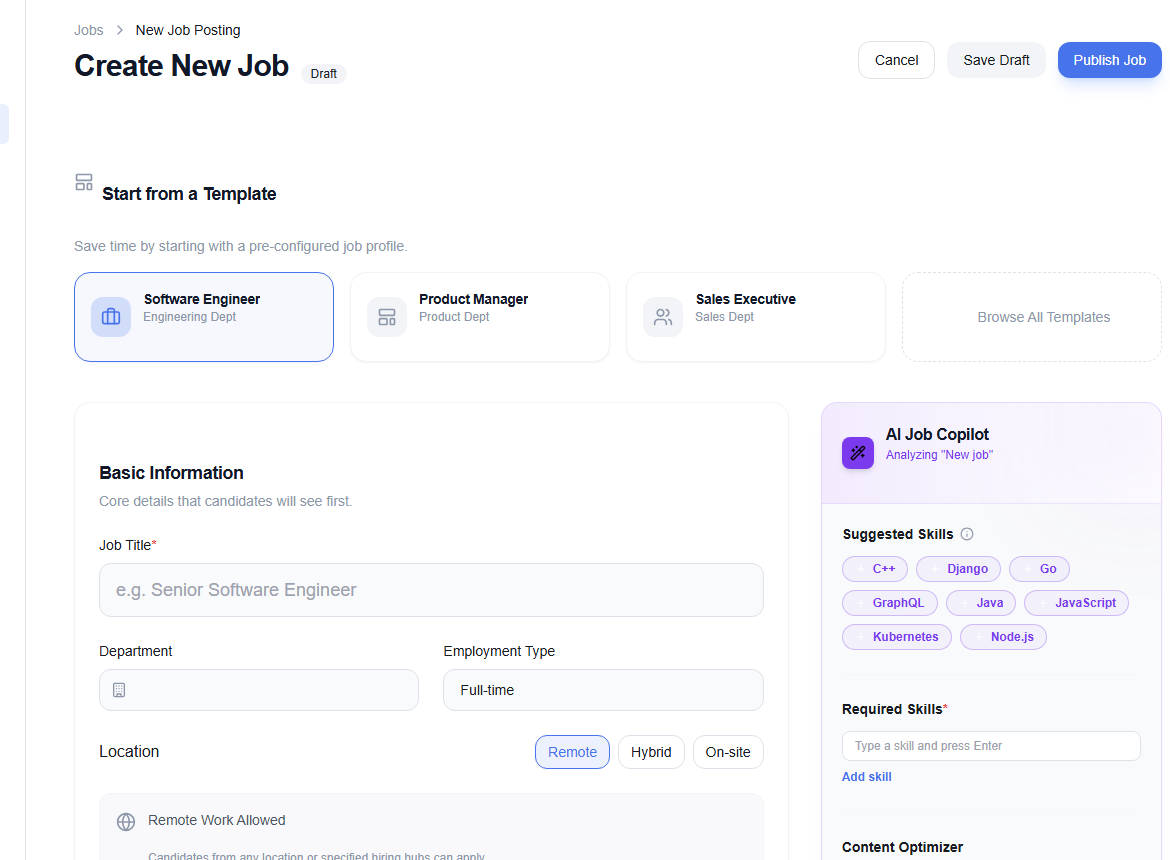 Recruiter Create New Job form with templates and AI Job Copilot