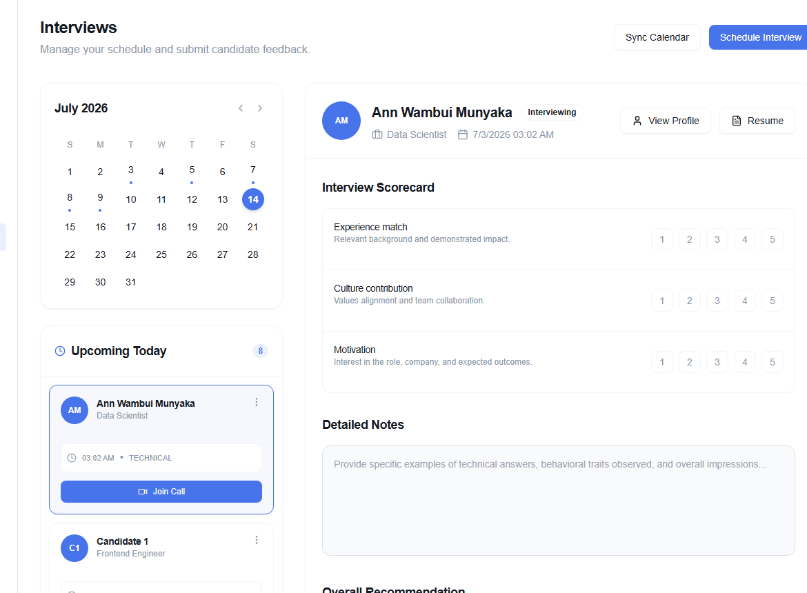 Recruiter interview calendar and scorecard