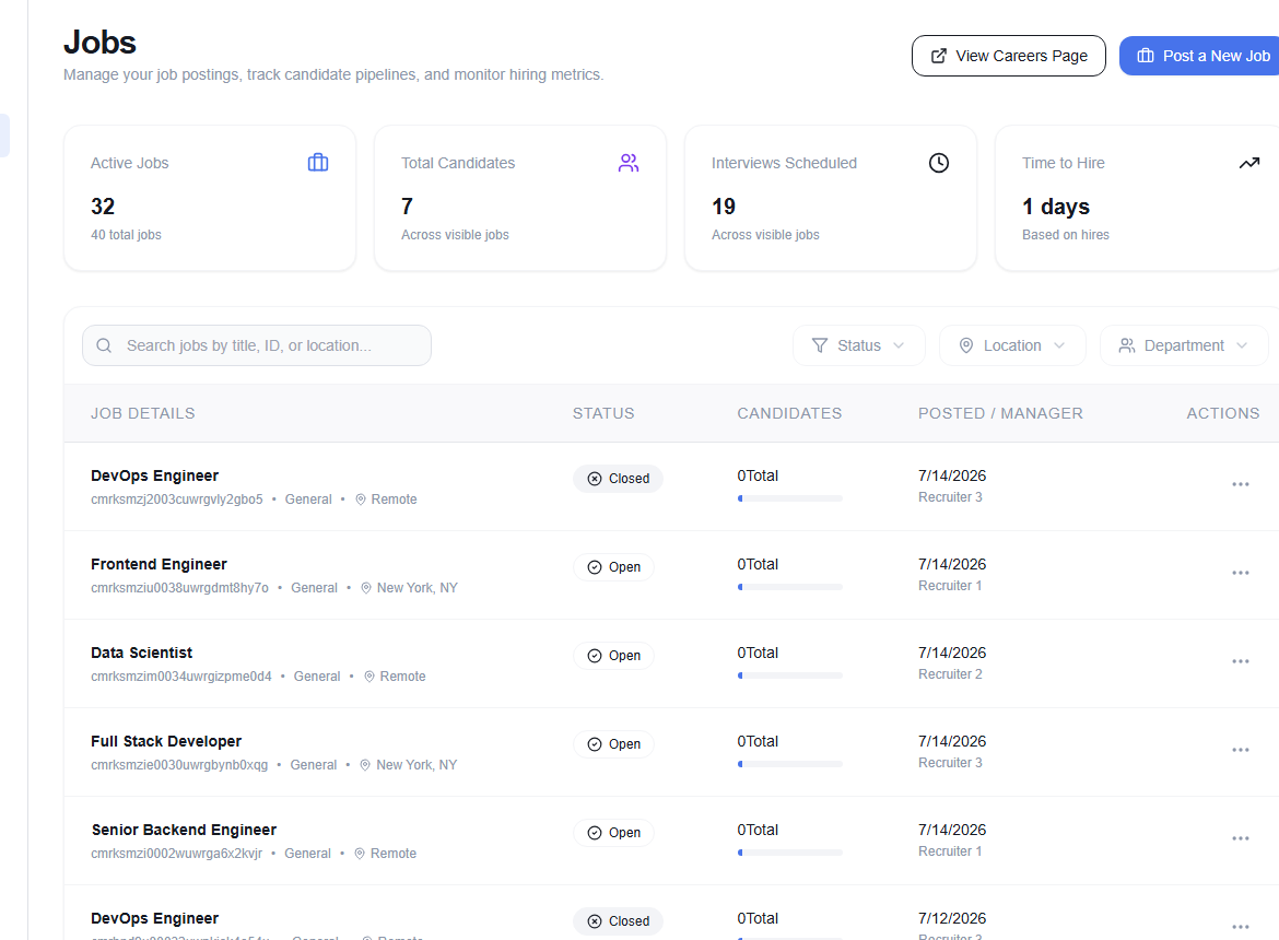 Recruiter jobs list with search and filters