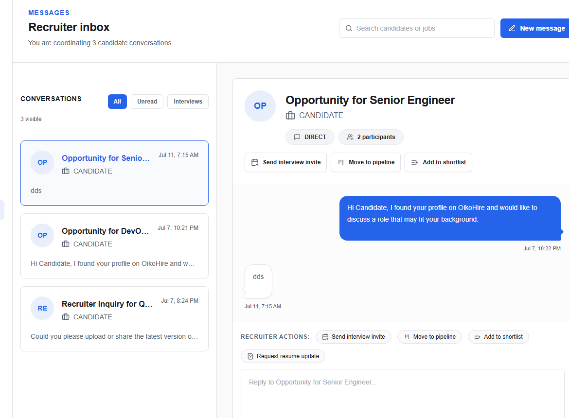Recruiter inbox with conversation context and next actions