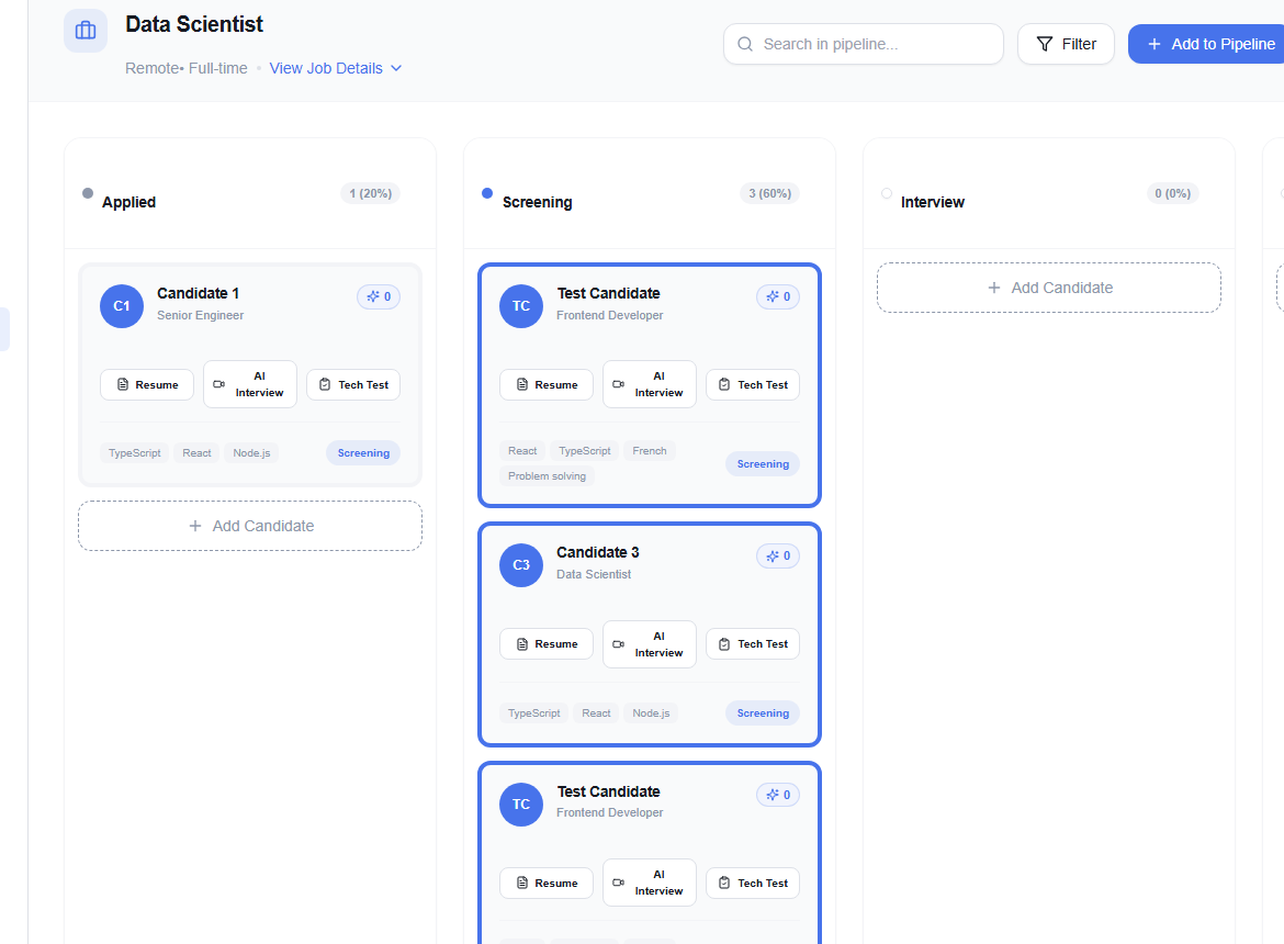 Recruiter pipeline board for a selected job