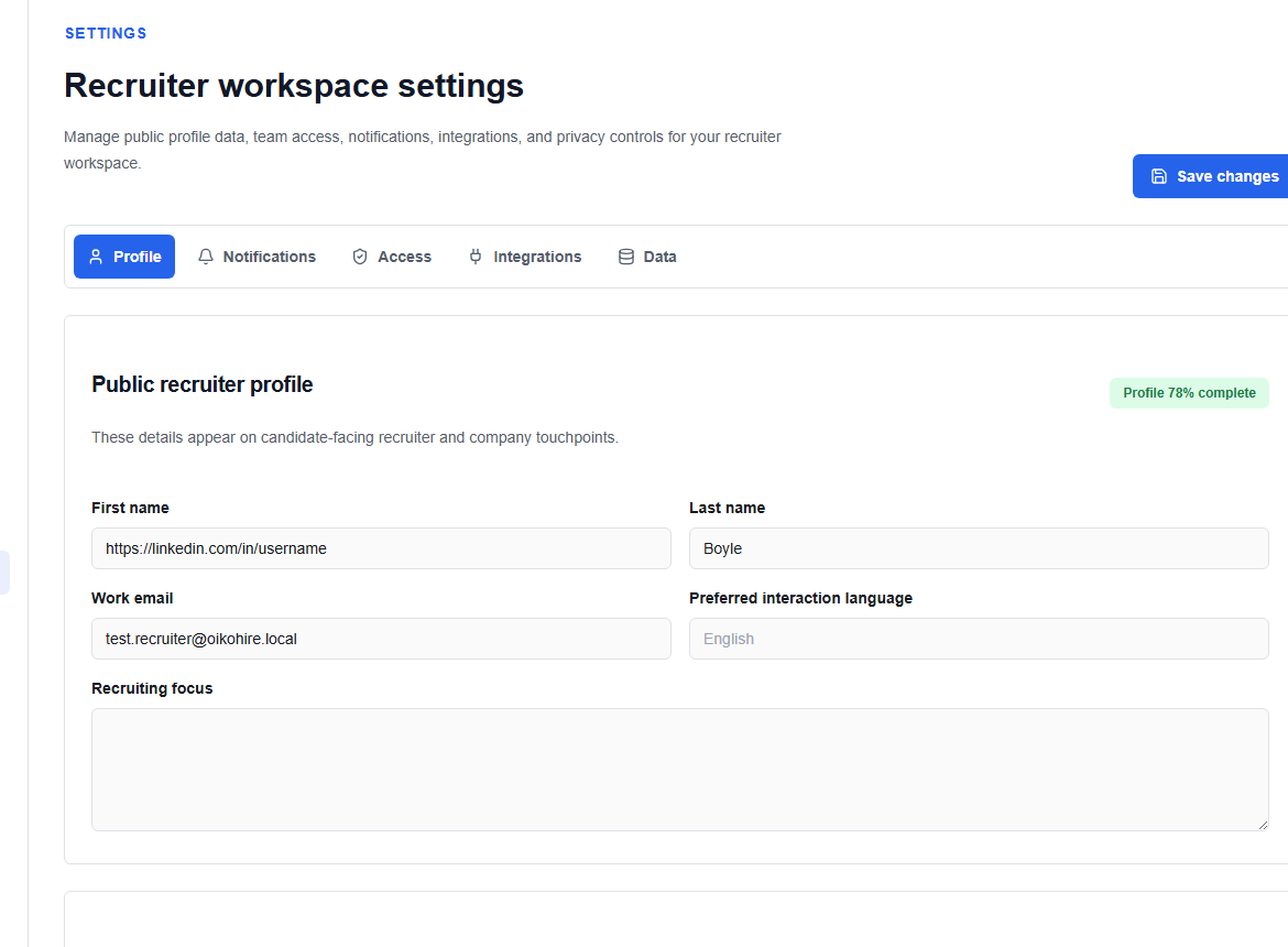 Recruiter workspace settings
