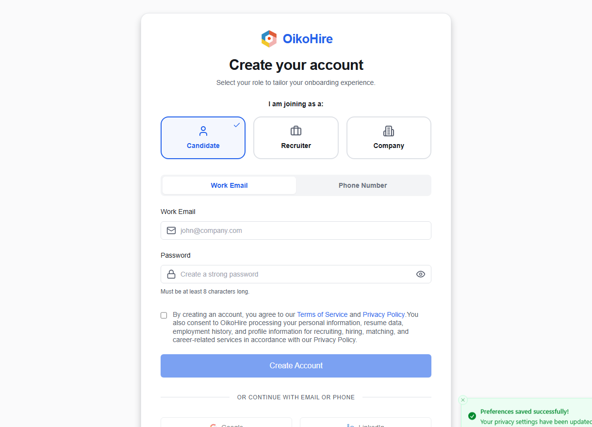 OikoHire signup with Candidate, Recruiter, and Company role choices